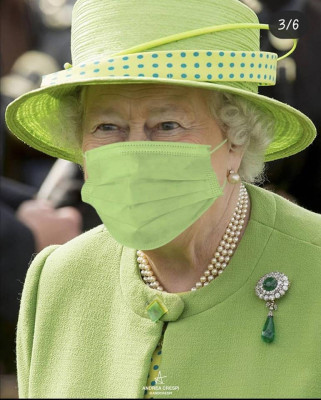 Se de fato Vossa Alteza Rainha Elizabeth compôs seu look com a máscara para se proteger, pouco sabemos, mas certamente sua elegante serenidade e leveza hoje é absolutamente necessária. Digna de publicidade!