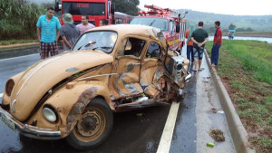  VW Fusca trafegava pela BR-050 quando foi surpreendido por um caminhão na direção contrária. Condutor morreu no local do acidente. Foto: Divulgação