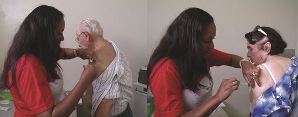 O casal de 82 anos de idade, Severino Albino de Lucena e Maria do Carmo Lucena, recebe a vacinação no primeiro dia da campanha. Fotos: Gazeta do Triângulo