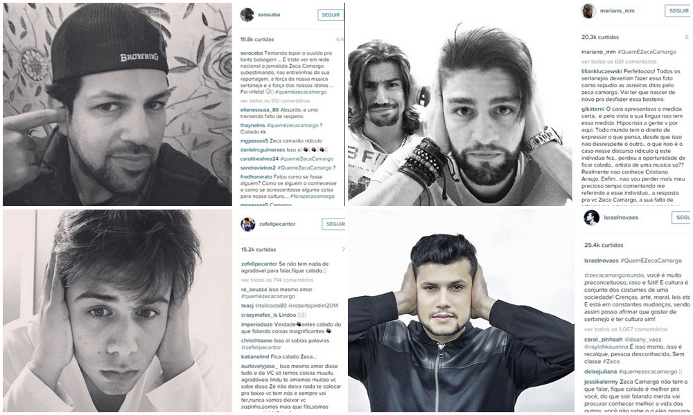 Artistas como Israel Novaes, Fernando e Sorocaba, Marcos e Belutti, Munhoz e Mariano, e Henrique e Juliano publicaram imagens em que aparecem tampando os ouvidos em protesto a Zeca Camargo #QueméZecaCamargo? 