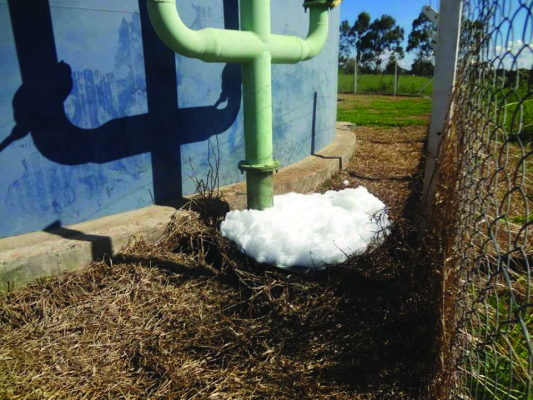 Na imagem, uma espécie de espuma branca envolve uma tubulação da Estação de Tratamento de Esgoto do São Sebastião