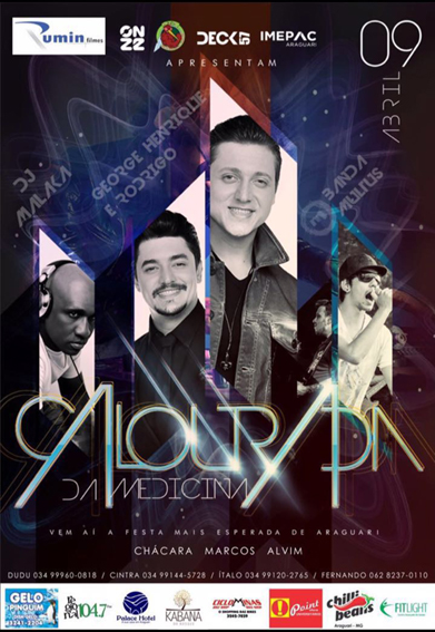 E TEM FESTA BOA NESTE SÁBADO. É a festa que está virando tradição na cidade, Calourada da Medicina.  O local escolhido para a super ocasião é a Chácara Marcos Alvim. A animação do evento fica a cargo das seguintes atrações: George Henrique e Rodrigo, Banda MULTUS e DJ Malaka. Segundo informações da Acesso Restrito os ingressos do primeiro lote estão esgotados e os do segundo lote podem ser adquiridos no  Avenida Beer, Ciclo Minas, Chilli Beans Lj Araguari, Point dos Universitários, Academia FIT Light, Lojas Matrix e Restaurante Kabanas. Além, é claro, dos comissários de vendas. Esperamos todos vocês lá neste sábado, dia 9, a partir das 22h! #CalouradaMedicina 