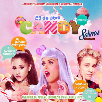 A Cervejaria Salinas mal anuncia uma festa boa e vem outra. Sábado, 23, é dia da estreia na casa! - É a CANDY! A festa 100% Pop dos criadores de NEON PARTY, BLACKOUT e FUNK'LINAS.  Overdose de açúcar e docinhos e os melhores hits do Pop na pista! Os ingressos antecipados saem por 10$ Dilmas, mais conhecido como dez reais. CANDY ❣ A Festa Pop do Salinas! ❣ Algodão Doce ❣ Kit de Docinhos ❣ E muito mais! Ah! e a catuaba é em dobro! #VemTodoMundo