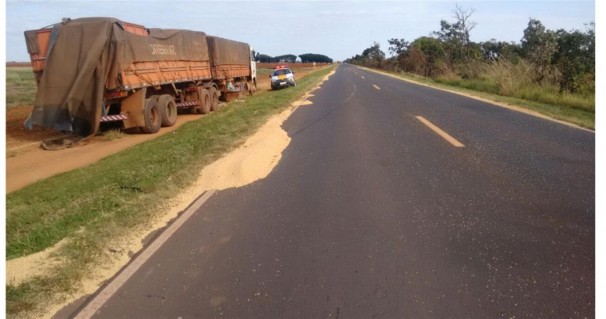 Carga de soja caiu sobrea rodovia após o motorista acionar os freios
