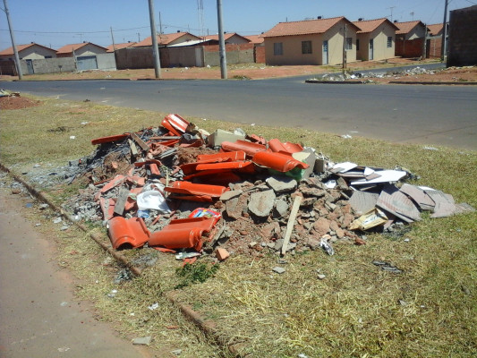 Restos de entulhos jogados em canteiro de avenida