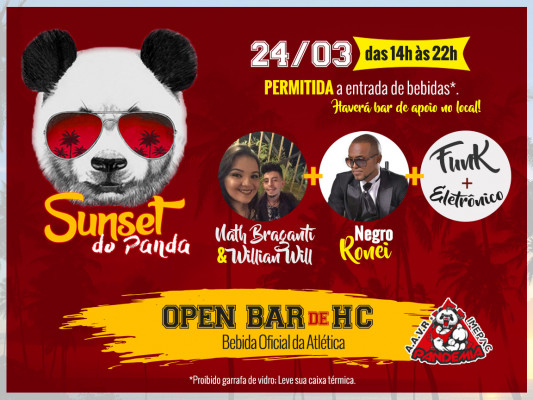 Falando em festa, quem está de volta é a Sunset do Panda. A Atlética de Direito – Imepac realiza mais uma edição da recepção de calouros de 2018. As pulseiras podem ser adquiridas pelos diretores e alunos do curso de Direito por apenas 15$ Temers. #VemComOPanda