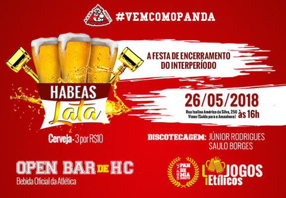 Olá amigos da nossa Acesso Restrito. A coluna hoje já começa no clima de final de semana. Habeas Lata – A festa de encerramento do interperíodo do Direito IMEPAC está preparando aquele role para estudantes e atletas. A galera da Atlética PANDEMIA festeja a final dos jogos neste sábado a partir das 16h. Uma super festa com muita diversão. #HabeasLata #VemComOPanda