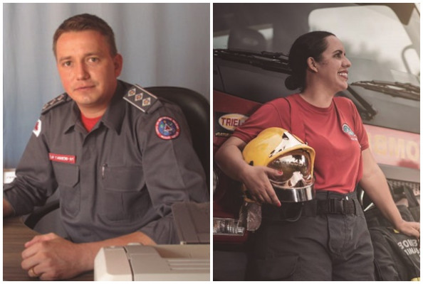 2ª Companhia do Capitão Fabrício Silva Araújo, Comandante do Corpo de Bombeiros Militar de Araguari | Adriana Cristina Campos de Souza, que completa 17 anos como bombeira